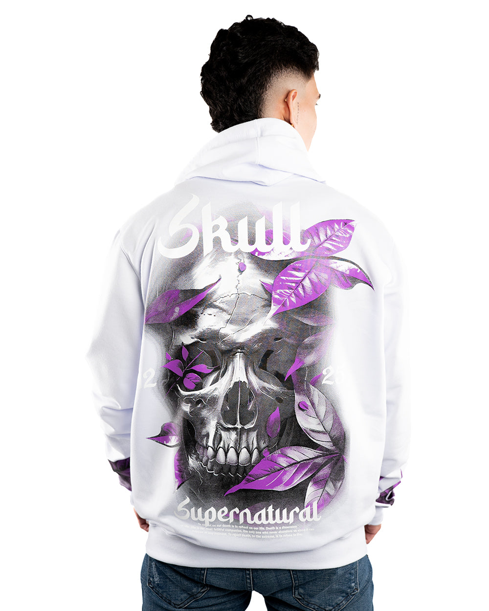 HOODIE  H CAPUCHA BLANCO HOJAS MORADA
