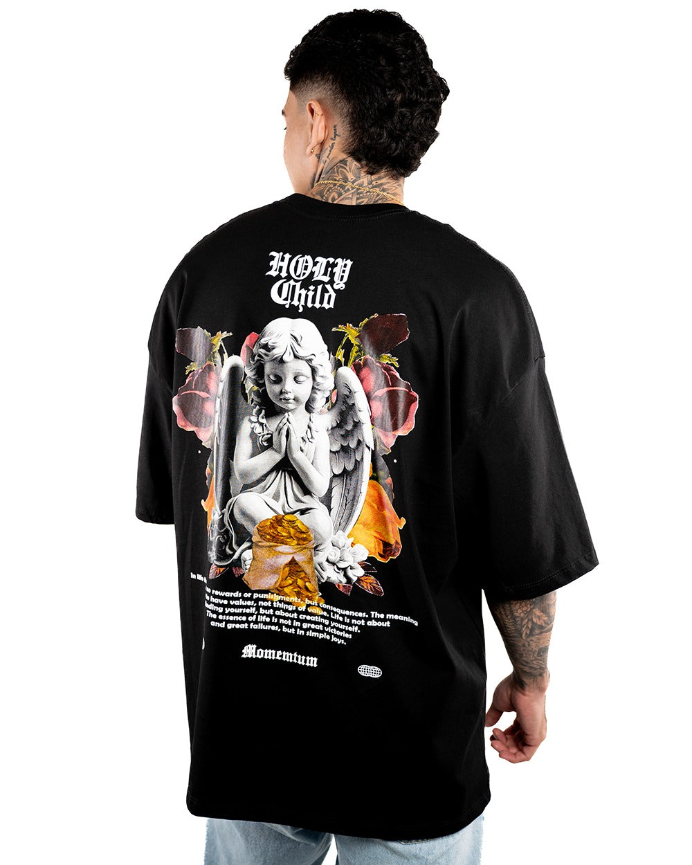 CAMISETA OVERSIZE H NEGRA ANGEL ROSA ALTO GRAMAJE
